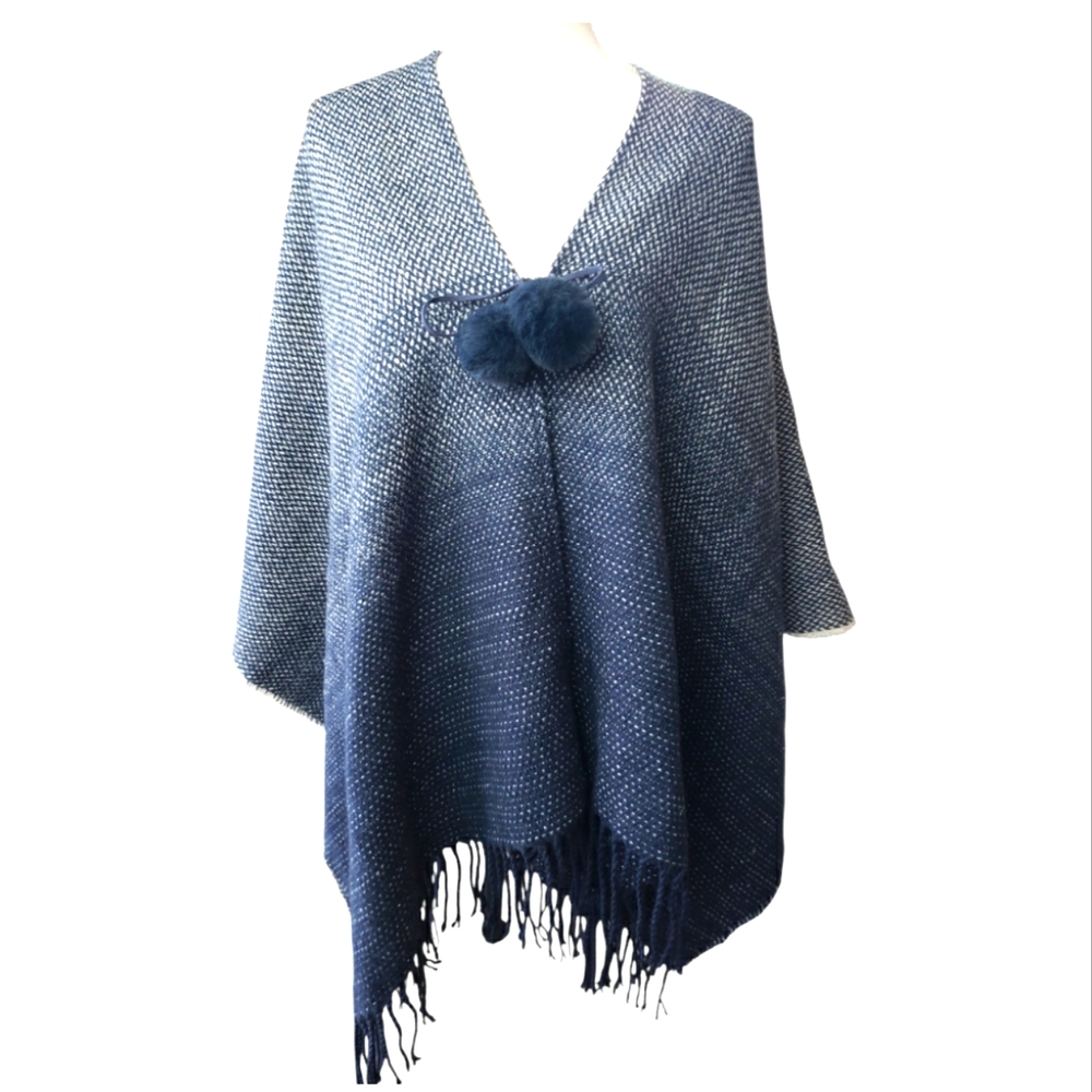 Marc New York Sweater Poncho Tie Closure Fringed Navy/Gray